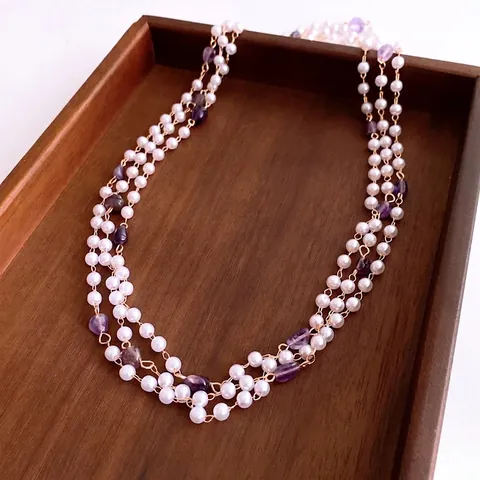 Collana Lunga Di Perline Retro Francese Con Künstliche Perle Bianche E Pietre Di Ametista Viola Elegante Catena Da Maglione Per Donna