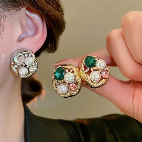 Orecchini A Perno Vintage In Lega Con Perla Artificial D Imitazione Strass E Perno In Argento Sterling 925 Geometrici Per Donna