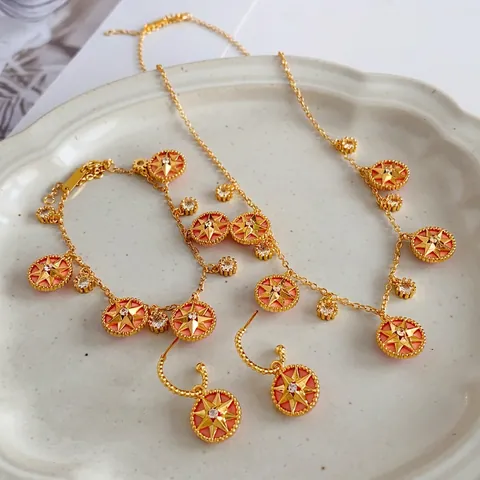 Franse Vintage Achtpuntige Ster Kompas Ketting Armband Oorknopjes Met Zilveren Oorbelstift Zirkoon Roze Emaille Sieraden