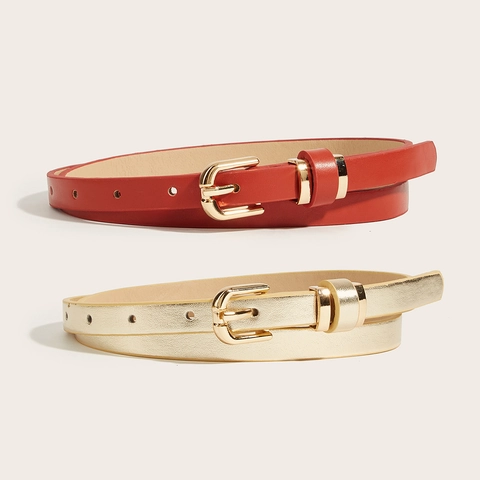 Vintage Women Skinny Faux Leather Belt With Metal Pin Buckle Versatile Solid Color Ladies Slim Dress Waistband Accessories