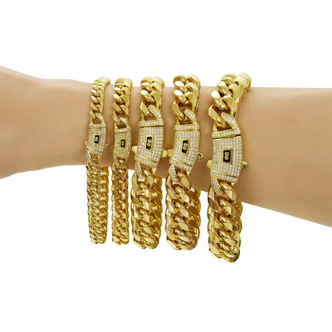 Cuban Chain Necklace Stainless Steel 14K Gold Plated Heavy Hip Hop Jewelry Men With Zircon Copper Clasp