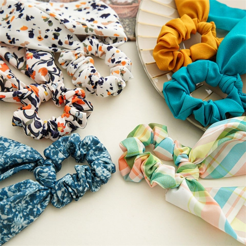 Elegant Floral Print Chiffon Scrunchies With Long Streamer Ribbon Elastic Hair Tie Fashion Accessories For Women Girl