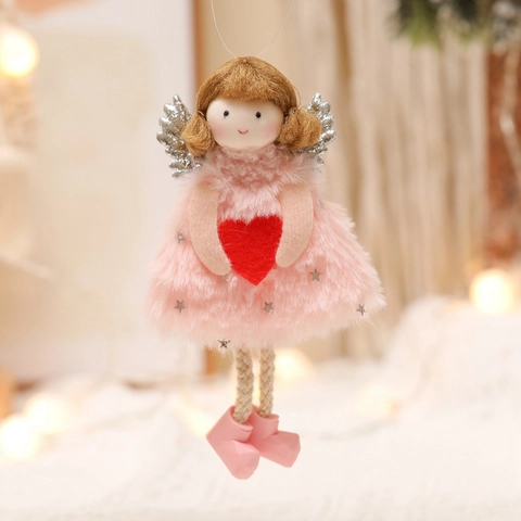 Christmas Angel Doll Hanging Ornament Plush With Red Heart Silver Sequin Wings Festive Xmas Tree Decor
