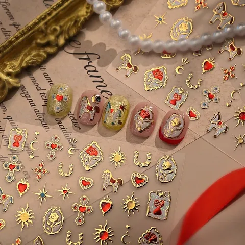 Reliëf Nagelstickers Vintage Barok Roos Hart Kruis Ster Maan Goudfolie Bronzen Zelfklevend Manicure Decoratie DIY