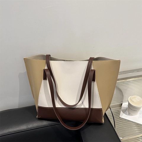 Grand Sac Fourre-Tout En Cuir PU Avec Pochette Intérieure Design Minimaliste Color Block Sac À Main Pour Femme