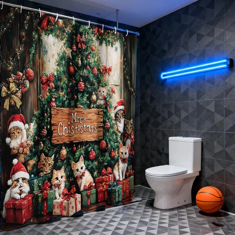 Tenda Da Doccia Gatto Di Natale Tessuto Poliestere Impermeabile Arredamento Bagno Per Vacanze Con Ganci Albero