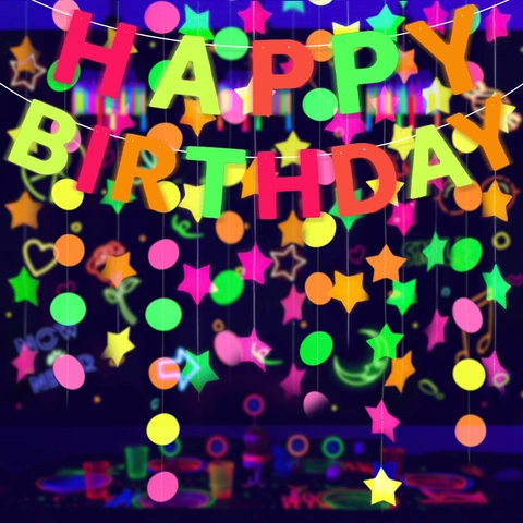 Striscione Festa Neon Fluorescente Ghirlande Stelle Cerchi Carta Decorazioni Sospese Per Compleanno Luce Nera