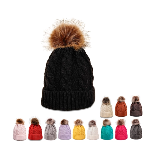 Damen Winter Strickmütze Zopfmuster Warm Dick Kunstfellbommel Chic Acryl Einfarbig Outdoor Alltag Unisex Mütze