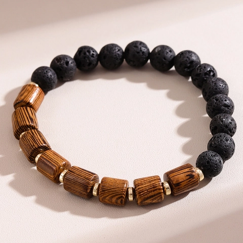 Men Beaded Bracelet With Natural Wood Hematite And Volcanic Stone Simple Fashion Elastic Jewelry Accessory