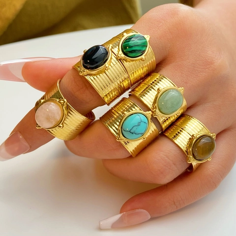 Vintage Breiter Ring Edelstahl Naturstein Ovaler Edelstein Verstellbar Vergoldet Schmuck Für Damen