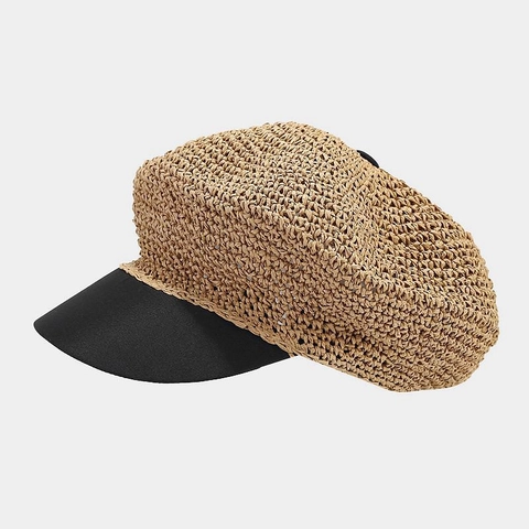 Berretto Newsboy In Paglia Intrecciata Vintage Traspirante Vacanze Estive Cappello Baker Boy Donna Stile Francese Contrasto