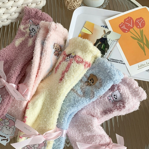 Korallenfleece Winter Dicke Warme Socken Cartoon Tier Stickerei Schleife Home Schlafen Boden Süß Kawaii Damen