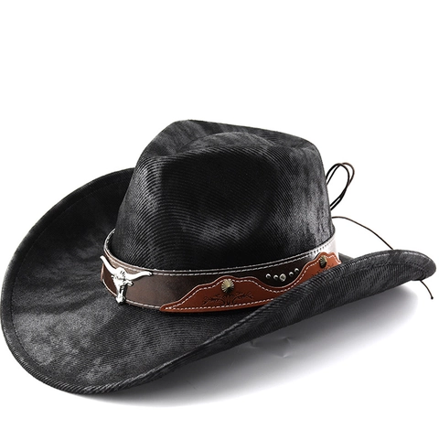 Western Cowboy Hat Vintage Faux Suede Wide Brim Bull Head Leather Belt Rivet Outdoor Travel Adjustable For Men Women