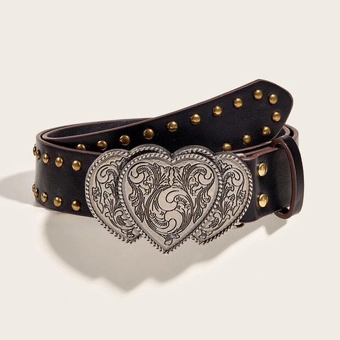 Vintage Dames Riem Van Kunstleer Met Gegraveerde Hart Metalen Gesp En Gouden Klinknagels Punk Mode