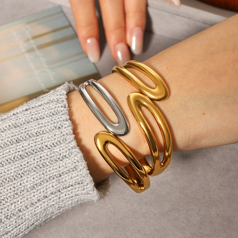 Stainless Steel Bangle Bracelet Gold Silver Color Block Open Cuff Hinge Minimalist Luxury Jewelry For Women