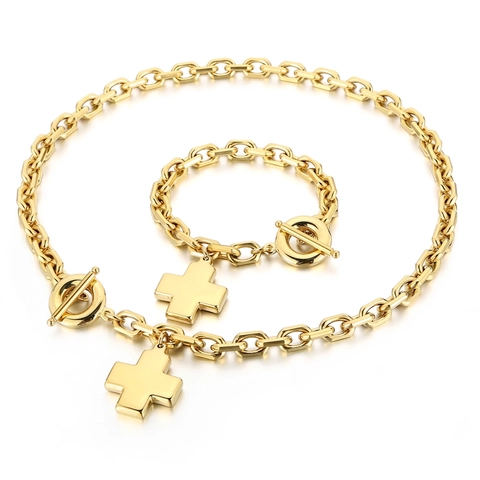 Gioielli In Acciaio Inossidabile Ciondolo A Croce Chiusura A Commutazione Catena Grossa Collana E Bracciale Per Donne