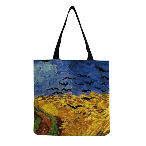 Sac Cabas en Lin Imprimé Peinture à l'Huile Artistique pour Femmes Sac à Épaule Écologique Grande Capacité Motif Chef-d'Œuvre Classique