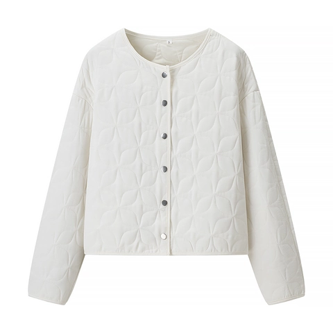 Giacca Trapuntata Leggera Da Donna Girocollo Motivo Floreale Bottone A Pressione Cappotto Corto Elegante Casual