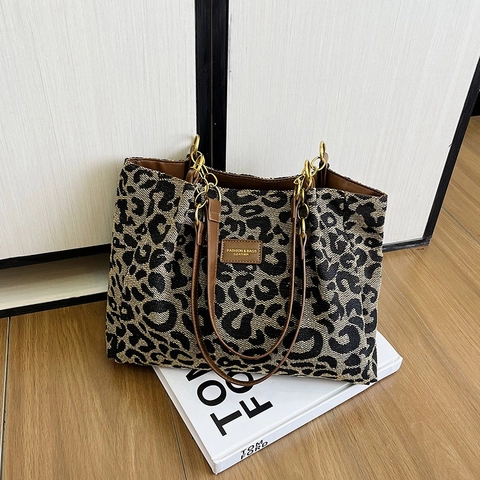 Leopard Muster Tote Bag Leinwand Große Kapazität Mit PU Lederriemen Und Metallkette Mode Umhängetasche Damen