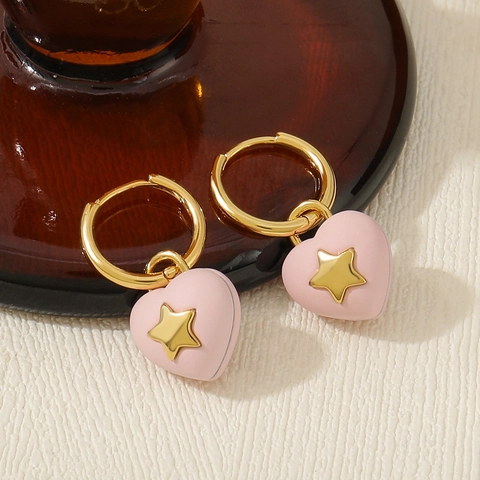 Sweet Pink Heart Star Drop Earrings Gold Plated Brass Hoop Earrings For Women Fashion Jewelry Accessories Gift