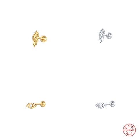 925 Sterling Silver Stud Earrings Evil Eye Angel Wing Zircon Inlaid Screw Back Piercing Jewelry Fashion Accessory
