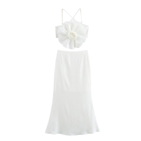 Ensemble Jupe Femme Sexy Deux Pièces Élégant Haut Camisole Fleur 3D Et Jupe Longue Sirène En Satin Style Soirée