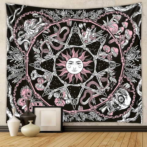 Arazzo Da Parete Fungo Teschio Sole Serpente Poliestere Gotico Mistero Boemo Rosa Nero Bianco Decorazione Casa