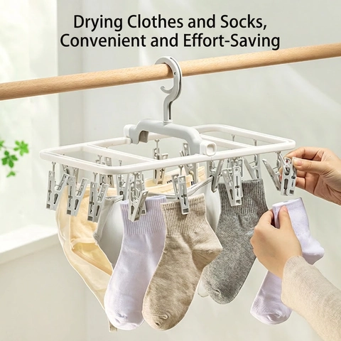 Laundry Drying Rack Multi Clip Plastic Foldable Hanger Rotating Windproof Hook For Socks Underwear Scarves Ties