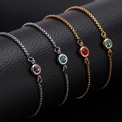 Stainless Steel Birthstone Bracelet For Women Adjustable Box Chain Round Crystal Jewelry Gift