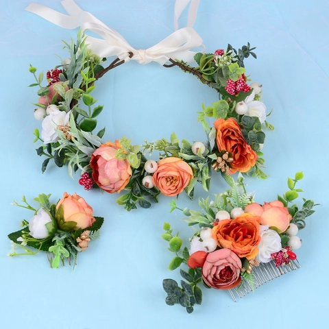 Braut Blumenkrone Und Haarkämme Künstliche Satinnrose Orange Weiß Waldstil Böhmischer Hochzeit Kopfschmuck Für Frauen
