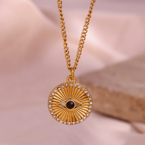 Evil Eye Münze Anhänger Halskette 18K Vergoldet Edelstahl Schwarz Rhinestone Sonnenstrahl Retro Minimalistisch Damen