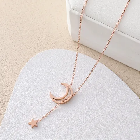 Stern Mond Anhänger Halskette Titanstahl Y-Förmige Lange Kette Minimalistisch Geometrisch Nicht Verblassender Schmuck Für Damen