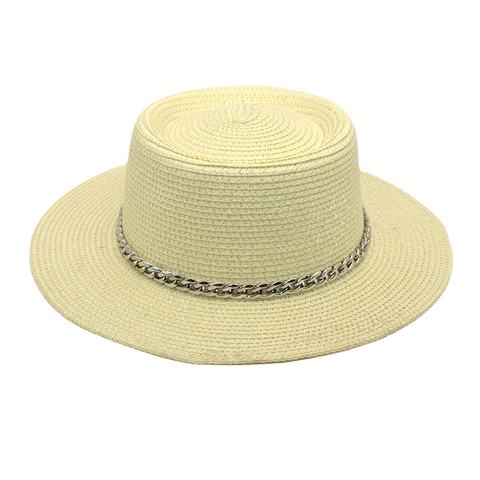 Flat Top Boater Straw Hat With Metal Chain Wide Brim Summer Sun Beach Sunshade Woven Jazz Fedora For Women Men