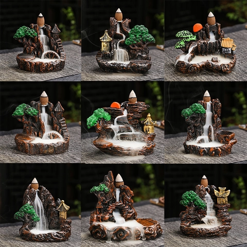 Zen Harz Rückfluss Weihrauchbrenner Berglandschaft Wasserfall Raucheffekt Home Office Desktop Dekor Chinesischer Stil