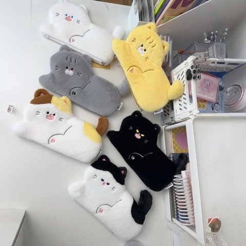 Trousse À Crayons En Peluche Chat Grande Capacité Sac De Papeterie Forme Animale Brodée Fournitures Scolaires Cadeau Étudiants Adorable