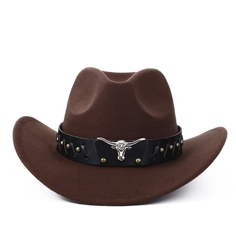 Western Cowboy Hat Wide Brim Polyester Felt Fedora With Leather Belt Metal Bull Head Retro Style For Men Women
