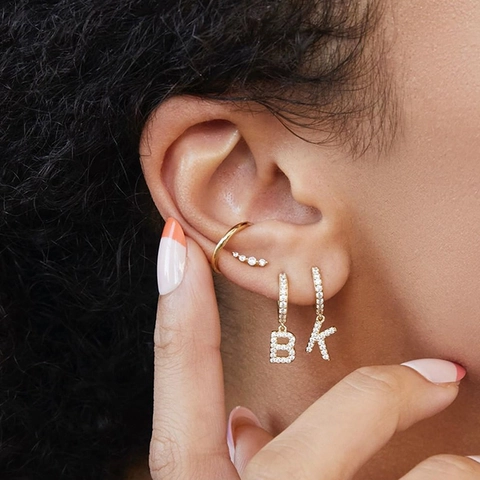 Gold Plated Copper Initial Letter Hoop Earrings With Cubic Zirconia Alphabet Pendant Fashion Elegant Jewelry For Women