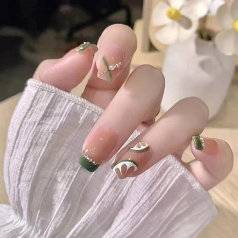 Press On Nails Lang Französisch Nude Grün Mit 3D Zitronen Frucht Künstliche Perlen Strass Glänzend Künstliche Fingernägel Für Damen