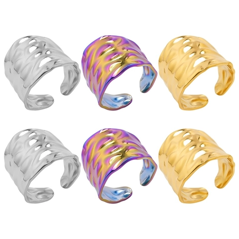 Hammered Texture Wide Open Ring 304 Stainless Steel Irregular Geometric Adjustable Minimalist Jewelry For Men Women
