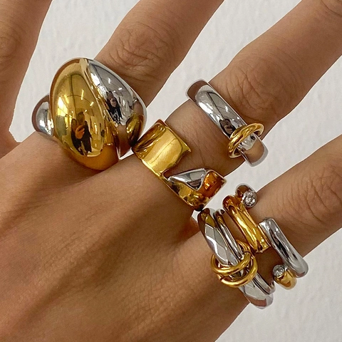 Bague Ouverte Géométrique Bicolore en Acier Inoxydable À la Mode pour Femme Bague de Doigt Accent Strass Minimaliste Électroplaqué Cadeau Bijoux