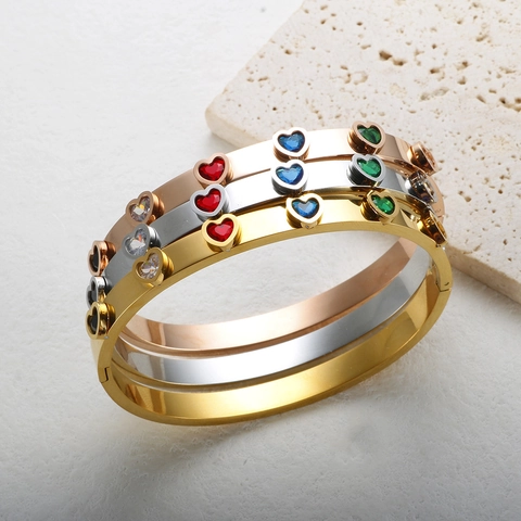 Fashion Stainless Steel Heart Multicolor Rhinestone Jewelry Collection For Women Gold Rose Gold Silver Bangle Finger Ring