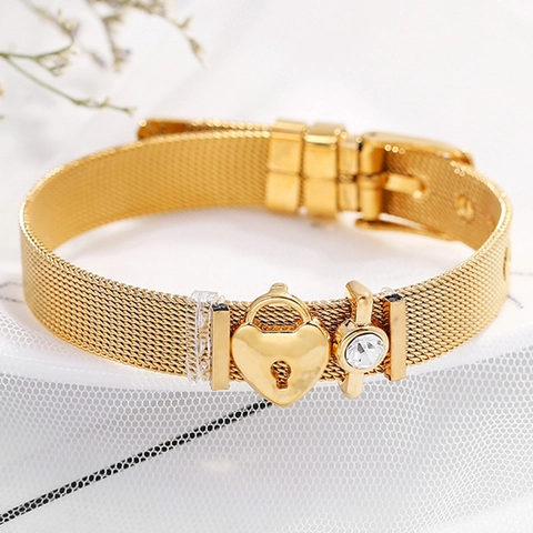 Stainless Steel Mesh Bracelet Heart Lock Rhinestone Sliding Charms Adjustable Strap Style Bangle Gift For Women Men