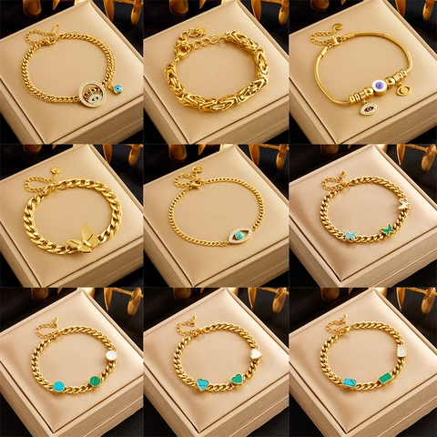 Dames Roestvrij Staal Goud Armband Met Boze Oog Vlinder Hart Strass Mode Sieraden