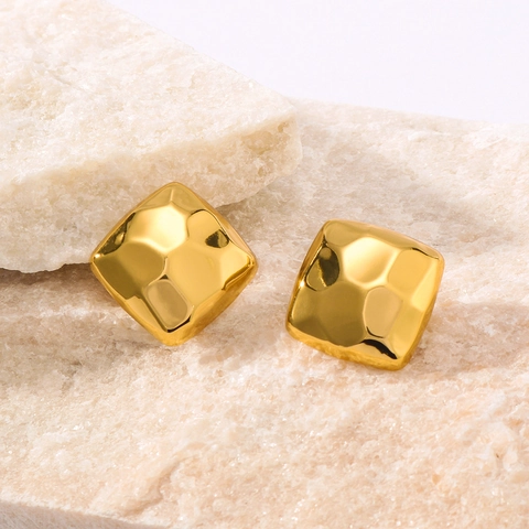 Gold Plated Stainless Steel Hammered Square Geometric Stud Earrings Minimalist Niche Design INS Style For Women