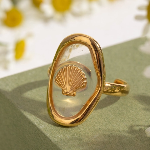 Anillo Abierto De Acero Inoxidable Mujer Chapado En Oro 18K Relieve Concha Resina Transparente Ajustable Océano Verano