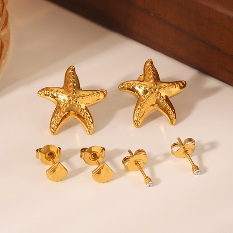 Zeester Schelp Zirkoon Oorknopjes 18K Verguld Roestvrij Staal Vakantie Strand Stijl Elegante Sieraden