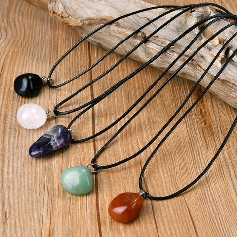 Natuursteen Hanger Ketting Onregelmatige Ruwe Edelsteen PU Leren Koord Legering Sluiting Eenvoudige Sieraden Heren Dames