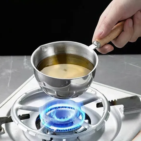 Mini Olla Para Verter Aceite De Acero Inoxidable Con Mango De Madera Boquillas Dobles Para Derretir Mantequilla Leche