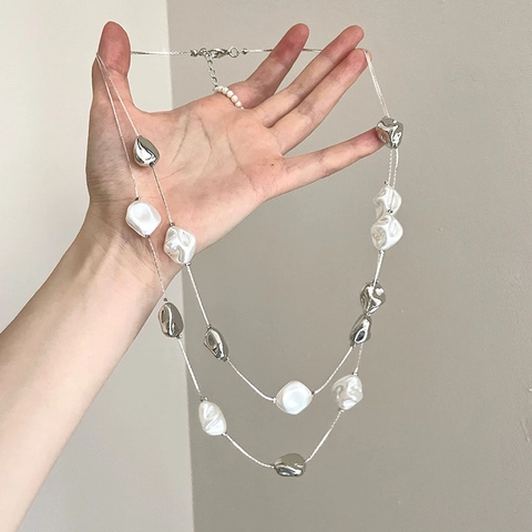 Collier Double Rang Künstliche Perles D'imitation Irrégulières Künstliche Perles Métalliques Argentées Longue Chaîne Pull Bijoux Femme