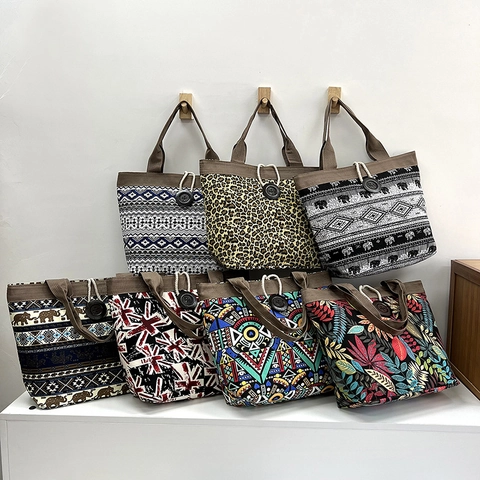 Ethnic Canvas Tote Bag Μεγάλης Χωρητικότητας Bohemian Geometric Elephant Print Τσάντα Χειρός Για Γυναίκες Casual Τσάντα Ώμου